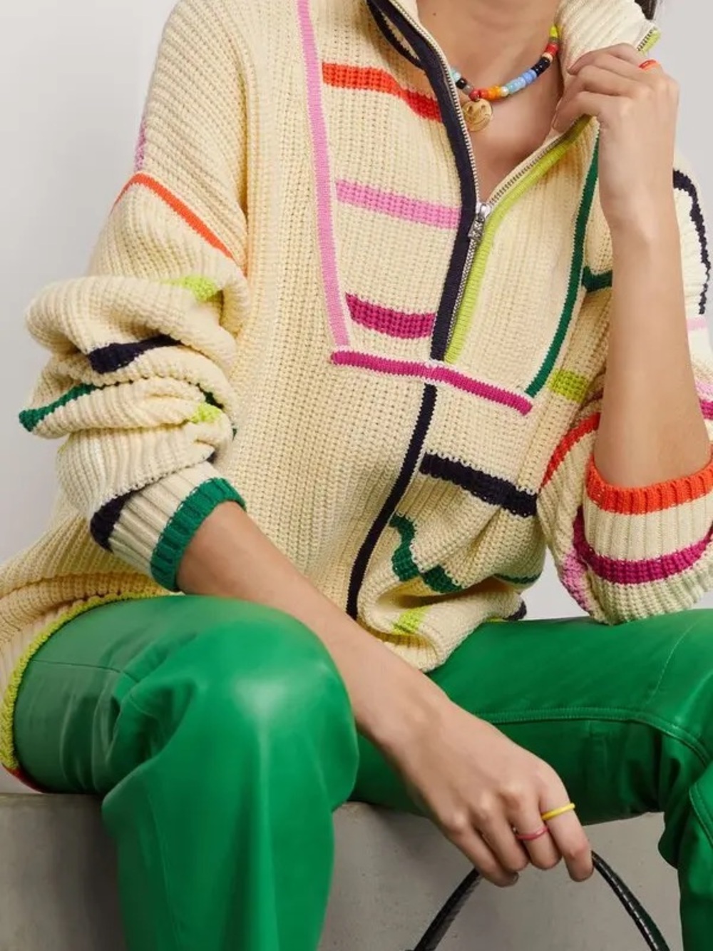 STAUD Cream Striped Half-Zip Turtleneck Sweater - Picture 3 of 6